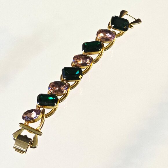 Mid-Century Clamper Bracelet Vintage Rhinestone Green Pink - Picture 4 of 9